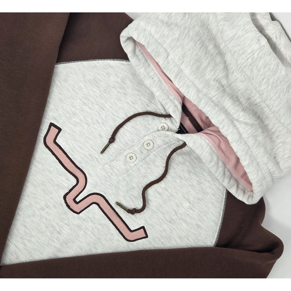 Kimes Ranch Hoodie Womens XL Pink Gray Colorblock Henley Western Logo Fleece